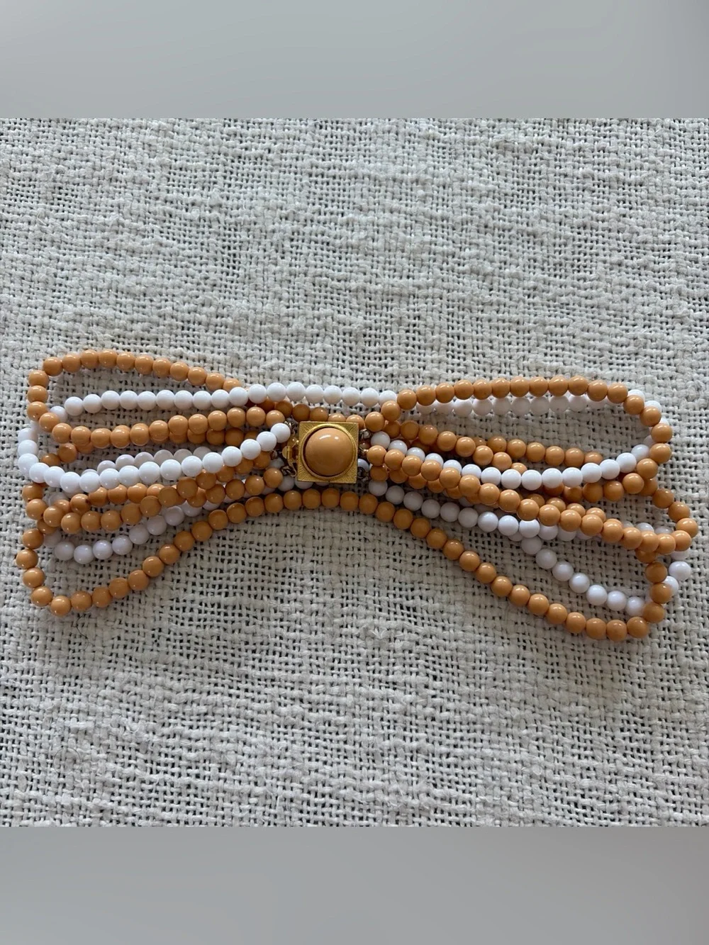 Les Bernard Multi-Strand White and Camel Beaded Necklace with Gold Accent